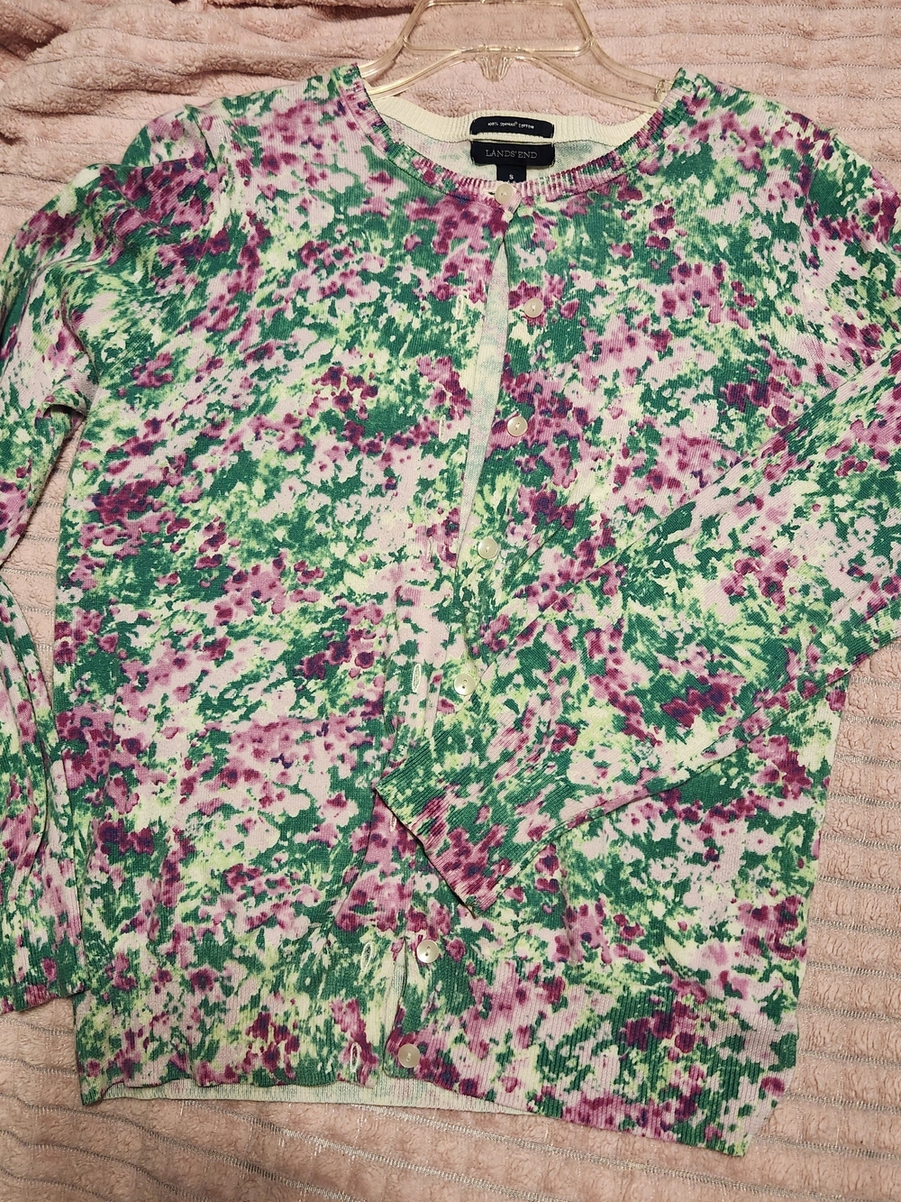Lands' End Green, Pink, Purple & Cream Floral Crewneck Cardigan Sm 6 - 8 EUC